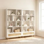 White Rattan Drawer Bookcase with 8 Open Cubbies, Freestanding Engineered Wood Storage Display Shelf with Anti-Toppling Device for Living Room Bedroom - Image 7
