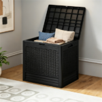 25 Gallon Outdoor Deck Box, Weatherproof PP Storage Chest with Rattan Texture, Lockable Patio Organizer Box as Side Table Extra Seat - Black - Image 7