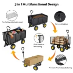 3-in-1 Oversized Steel Garden Cart , 880lbs Pullable Mesh Metal Garden Cart, All-Terrain Utility Cart with Removable Liner & Side Panels & Mesh Tray for Outdoor Lawn, Patio and Landscaping, Black - Image 2