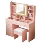 LED Tri-Color Lighting Dressing Table Set Particleboard with Textured Melamine Finish Dressing Table with Power Strip 5-Drawer Dressing Table with Shelves and Hooks 47.24*15.75*53.54in Apple Pink - Image 4
