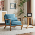 Mid-Century Oak Accent Chair - Linen-Cotton Navy Blue Upholstered Single Lounge Chair, Indoor Armchair with Sturdy Wood Frame (330LBS Weight Capacity) - Image 3