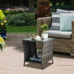 Outdoor Patio Wicker Side Table, Square End Table Bistro Coffee Table with Glass Top Storage Shelf for Porch Garden Backyard Grey SAME AS 19215985 - Image 3