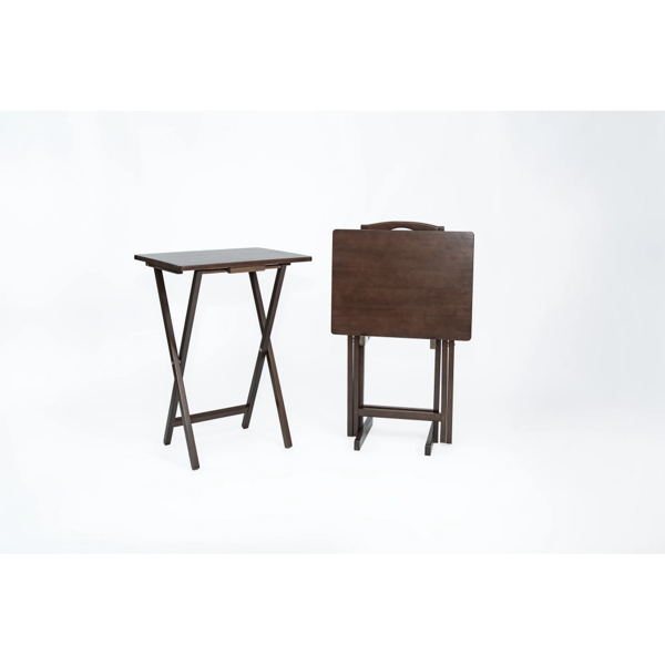 3-Piece Rubberwood Folding TV Tray Table Set of 2 with Storage Rack, Walnut