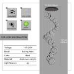 20 Ring High Ceiling Chandelier Foyer, Black Modern LED Large Staircase Long Chandeliers Light Fixture with Remote for Entryway Living Room - Image 2
