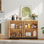 Natural PE Rattan Large Buffet Sideboard (50"), 4-Door Design with Removable Adjustable Shelves - Image 7