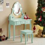 Kids Vanity Set with Mirror and Lights and Stool, 5 Storage Drawers, Pretend Play Princess Makeup Desk Dressing Table and Stool Set for Little Girls Age 3+, Macaroon Green - Image 5
