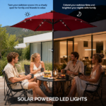 9ft Solar LED Patio Umbrella with Push Button Tilt & Crank, 6 Ribs Waterproof Polyester Outdoor Market Table Umbrella for Garden Backyard Pool, Burgundy - Image 6