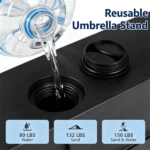 Black Fillable Umbrella Base with Wheels & Brakes, Heavy‑Duty Water/Sand Filled Patio Umbrella Stand with 3 Adapters for 1.3‑1.9" Poles - Image 4