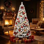 6 FT Snow Flocked Artificial Christmas Tree with 600 Branch Tips, Hinged PVC Xmas Tree Foldable Metal Stand Flame Retardant for Home Office Holiday Party Decor White Green - Image 9