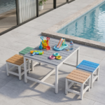 5-piece children's patio table and chair set (1 table + 4 stools), 29.5 inches, blue-khaki, light orange, blue-green color blocking, made of poplar wood - Image 6