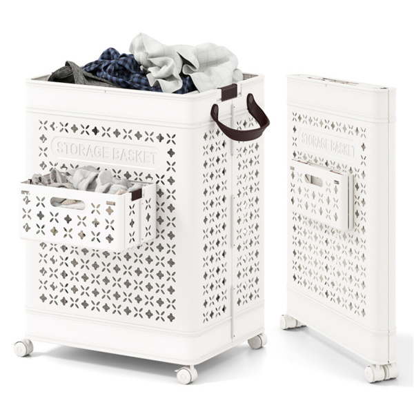 20 Gallon Foldable Laundry Hamper with Mini Hanging Basket, PP Hollow Design with Wheels