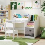 Kids Table and Chair Set with Storage Drawers House-Shaped Study Desk for Playroom Bedroom- White - Image 5