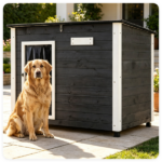 42.5" x 27" x 33.5" Outdoor Dog House with Sloped Asphalt Roof, Elevated Floor & Openable Roof Weatherproof Pet Kennel with PVC Door Curtain for Medium Large Dogs Gray - Image 4