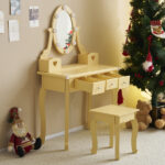 Kids Vanity Set with Mirror and Lights and Stool, 5 Storage Drawers, Pretend Play Princess Makeup Desk Dressing Table and Stool Set for Little Girls Age 3+, Macaroon Orange - Image 5