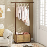 2-in-1 Bamboo Clothing Rack with Rolling Wheels & 60L Storage Basket - Brown - Image 2