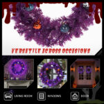 24in Pre-lit Halloween-Themed Christmas Wreath, Lighted Artificial Xmas Wreath with 50 Purple & Orange Lights and 100 PVC Tips and DIY Ball Ornaments, for Front Door Gate Wall Xmas Party Decorations - Image 10