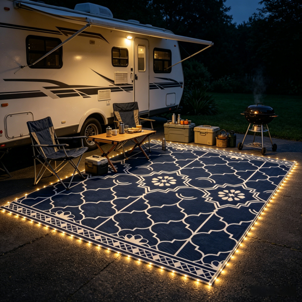 10e5b27c-e6de-4749-959e-05dada1cf2fb.png 10' x 8' Reversible Outdoor Rug Carpet: LED Light PP Straw Rug with Carry Bag & Ground Stakes for Patio Backyard - Image 1