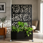 70.87" H × 46.06" W Leaf Pattern Privacy Screen with Planter Box, Black Metal Freestanding Decorative Fence Planter for Patio Balcony Backyard - Image 5