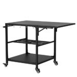 Outdoor Grill Table for Big Green Egg Style BBQ, Heavy Duty Metal Cart Prep Table with Wheels, Storage Shelf, Hooks and Removable Central Cover, Compatible with Large Big Green Egg Grill - Image 6