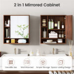 2 in 1 Mirrored Bathroom Wall Cabinet, Space-Saving Medicine Cabinet with Hidden Storage & Shelves - Walnut - Image 11