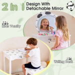 Black and white panda MDF painted finish, solid wood legs, 1-drawer children's dressing table set, LED three-color backlit touch switch - Image 5