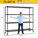 4-tier, adjustable shelf spacing, with adjustable feet and wheels, iron display stand, 150*60*192cm, powder-coated black - Image 6