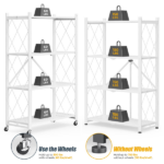 4-Tier Folding Storage Shelves with Wheels, Foldable Metal Rack, Collapsible Shelves for Garage, Kitchen, Basement, White - Image 3