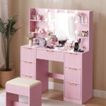 Pink particleboard with a 7-drawer, 4-shelf dressing table set with 10 three-tone light bulbs, power strip, and grille. - Image 2