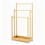  Solid Bamboo Freestanding Towel Rack with 3 Staggered Hanging Bars & Slatted Bottom Storage Shelf, Waterproof Bathroom Towel Drying Holder with Side Stabilizer Bars Rounded Edges Natural Wood Finish - Image 2