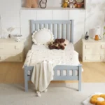 Twin Single-Layer Wooden Bed Vertical Decorative Strips Curved Headboard and Footboard Bed Frame Painted Pine Bed Frame 79.33*42.52*38.98in Grey