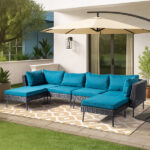 2 pcs armless sofa + 2 pcs corner sofa + 2 pcs footstool iron legs black rattan peacock green cushions woven rattan multi-piece set - Image 8