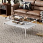 Modern Coffee Table, Tempered Glass Tabletop, Rectangle Coffee Table with Sturdy MDF Base and White Iron Legs, Easy Assembly Living Room Furniture, 38.39 Inch Length, Gray Color (Shipment from Walmart)