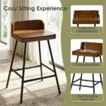 Set of 2 Walnut Wooden Counter Stool with Footrest & Adjustable Anti-Slip Feet, Industrial Modern Bar Chair Easy Assembly for Home Dining Cafe - Image 2