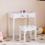 Black and white panda MDF painted finish, solid wood legs, 1-drawer children's dressing table set, LED three-color backlit touch switch - Image 13