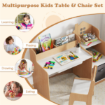 Kids Table and Chair Set with Storage Drawers House-Shaped Study Desk for Playroom Bedroom- Natural - Image 7