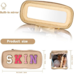 Portable Chenille Letter Clear Preppy Makeup Zipper Bag Waterproof Foldable Organizer Travel Storage Purse For Vacation Travel, Bathroom-Khaki - Image 2