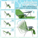17 Inch Seat Height Beach Chair for Adults, Folding Portable Camping Chair with Headrest, Cup Holder, Side Pocket & Bottom Storage Bag, 7-Position Adjustable Aluminum Beach Chair, Heavy Duty 265 LBS Capacity, Oxford Fabric for Beach, Patio, Pool, Summer Palm Print - Image 5