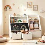 Kids Toy Storage Organizer with Flip Chalkboard, Rolling Drawers & Hanging Rods, Rounded Edge Toddler Bookshelf Engineered Wood Playroom Cabinet for Children 3+ Years Old - Image 3