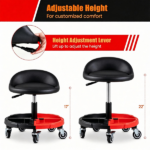 Adjustable Rolling Mechanic Stool with Backrest & Removable Tool Tray, 360° Swivel Lockable Wheels Heavy Duty 330 LBS Capacity Gas Lift Workshop Repair Seat Black Red - Image 6