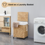 100L 2-Section Laundry Hamper with Lid and Wheels, Woven Natural Water Hyacinth Rolling Laundry Hamper - Image 6