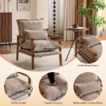 Cloud Shaped Indoor Leisure Chair with Solid Wood Armrest, Metal Frame, Chenille Fabric Accent Chair with Lumbar Pillow, Single Sofa Chair Khaki - Image 2