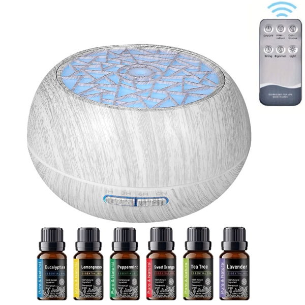 Remote Control Wood Grain Essential Oil Diffuser - 550ml, 7 LED Colors, 6 Oils Included