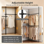 Floor to Ceiling Tension Clothes Rack No Drill Heavy Duty Carbon Steel Garment Organizer, I/L/45° Angle Adjustable Closet System with 3 Vertical Rods 4 Hanging Bars Drying Rack Reacher Pole for Rental Apartment - Image 6
