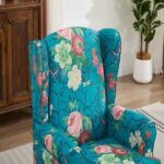 Modern Accent Chair with Retro Wood Legs, Comfy Upholstered Armchair, Floral Design Single Sofa Chair for Living Room Bedroom Office - Floral Cyan - Image 25