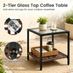 3-Piece Outdoor PE Rattan Rocking Chair Conversation Set with 2-Tier Glass Coffee Table, Heavy Duty Metal Frame Patio Rockers with Zipper Removable Gray Cushions & Back Pillows Mixed Brown Wicker for Backyard Porch Poolside - Image 5