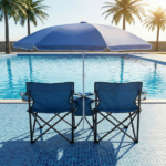 Portable Double Folding Beach Chair Set with Umbrella, 2-Person Outdoor Camping Chair with Cup Holders, Foldable Patio Chair for Picnic, Backyard, Travel, Blue - Image 2