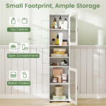 67" Tall Slim Bathroom Storage Cabinet with Fluted Doors, Adjustable Shelf Freestanding Narrow Organizer - White - Image 10