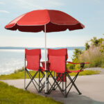 Portable Outdoor 2-Seat Folding Chair with Removable Sun Umbrella Red - Image 2