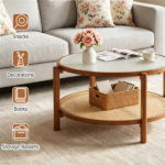 Walnut Boho 2‑Tier Round Coffee Table, PE Rattan Accent Side Table with Tempered Glass Top, Solid Acacia Wood Center Table with Storage Shelf for Living Room Apartment Balcony - Image 8