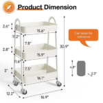 3 Tier Utility Rolling Cart, Metal Mobile Storage Shelf with Lockable Caster Wheels, Organization for Livingroom, Bathroom & Narrow Places, White (Shipment from Walmart) - Image 2